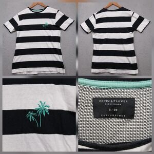 Denim & Flower Striped T-Shirt Men's Small Black White Palm Tree Tee